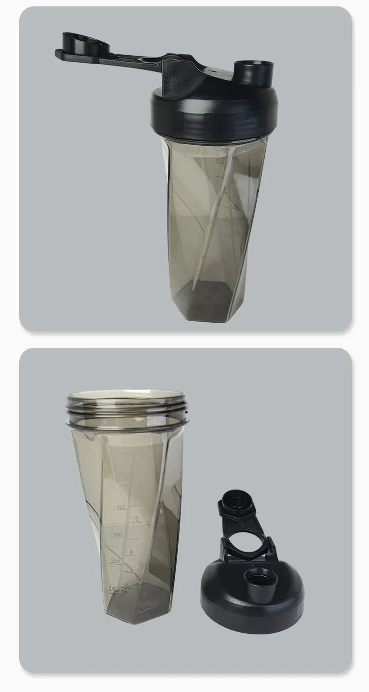 A clear plastic protein shaker bottle with a black lid and a separate mixing/dispensing piece.