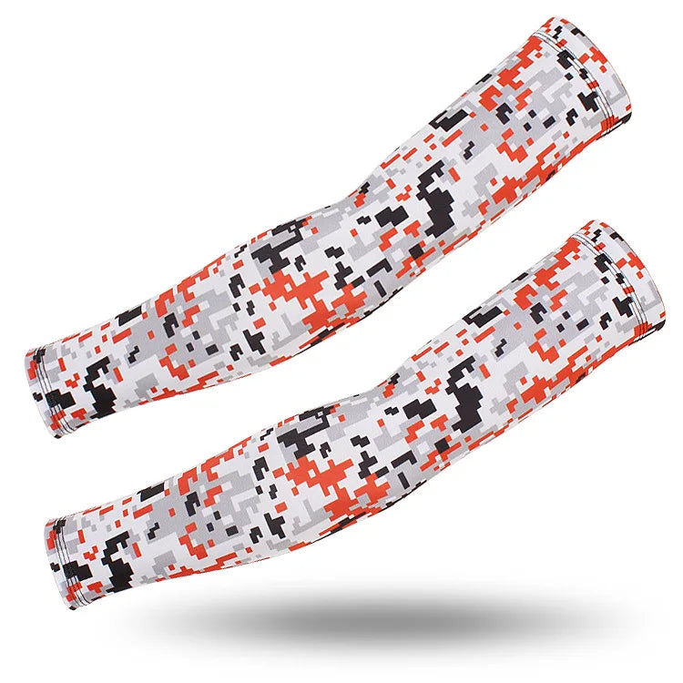 A pair of camouflage patterned tactical arm sleeves for outdoor sports.
