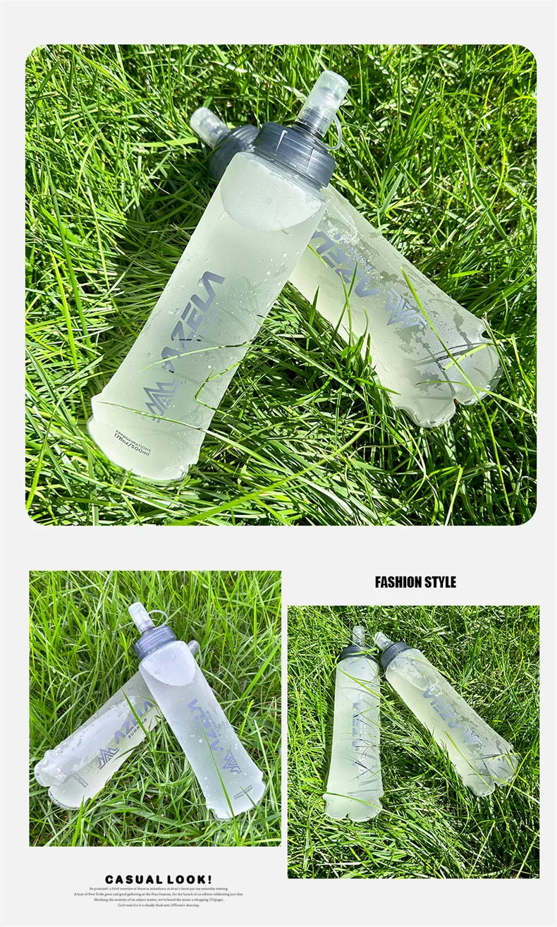 Clear silicone water bottles lying on green grass with a focus on their design and texture.