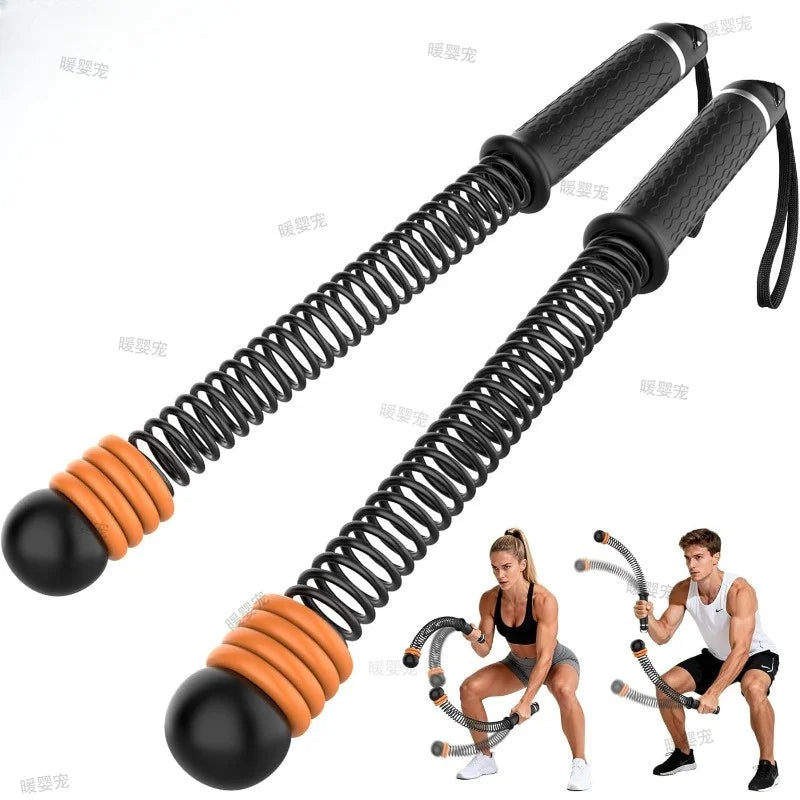 A black adjustable rope with orange grips is shown next to a man performing a workout.