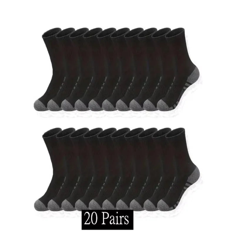 A pack of 20 pairs of black men's outdoor gym football socks displayed in a row.