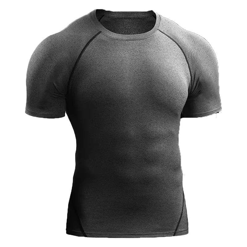 A dark gray men's quick-dry compression running t-shirt shown from the front.