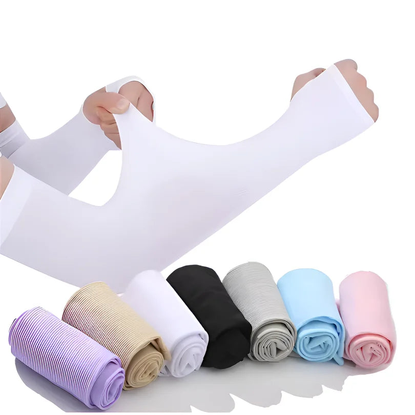 A variety of rolled ice silk arm sleeves in purple, beige, white, black, gray, and light blue are displayed.