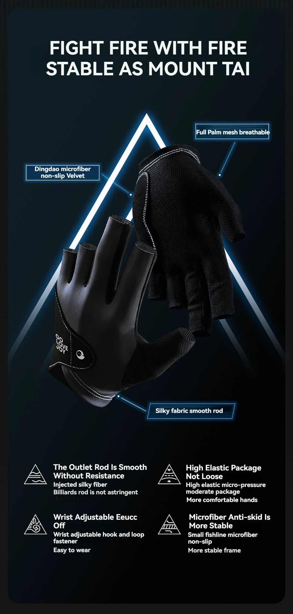 Black mount tai gloves shown with features like full palm mesh breathability and a silky fabric smooth rod