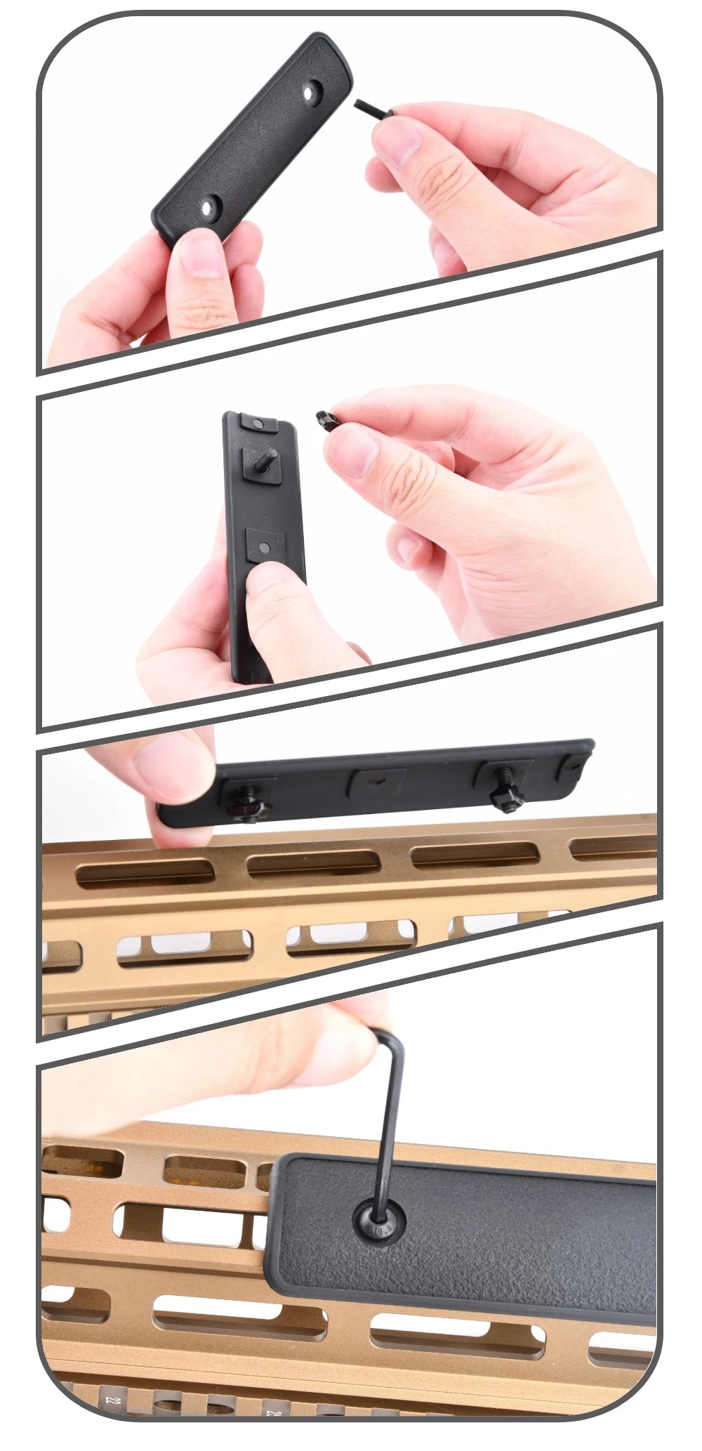 Hands installing a tactical rail panel kit onto an airsoft gun rail system.