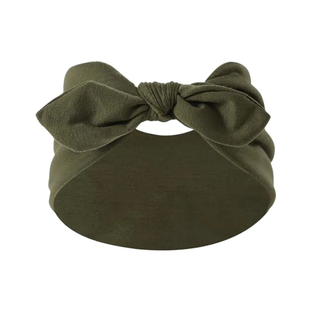 Olive green bohemian bunny ear headband with a bow