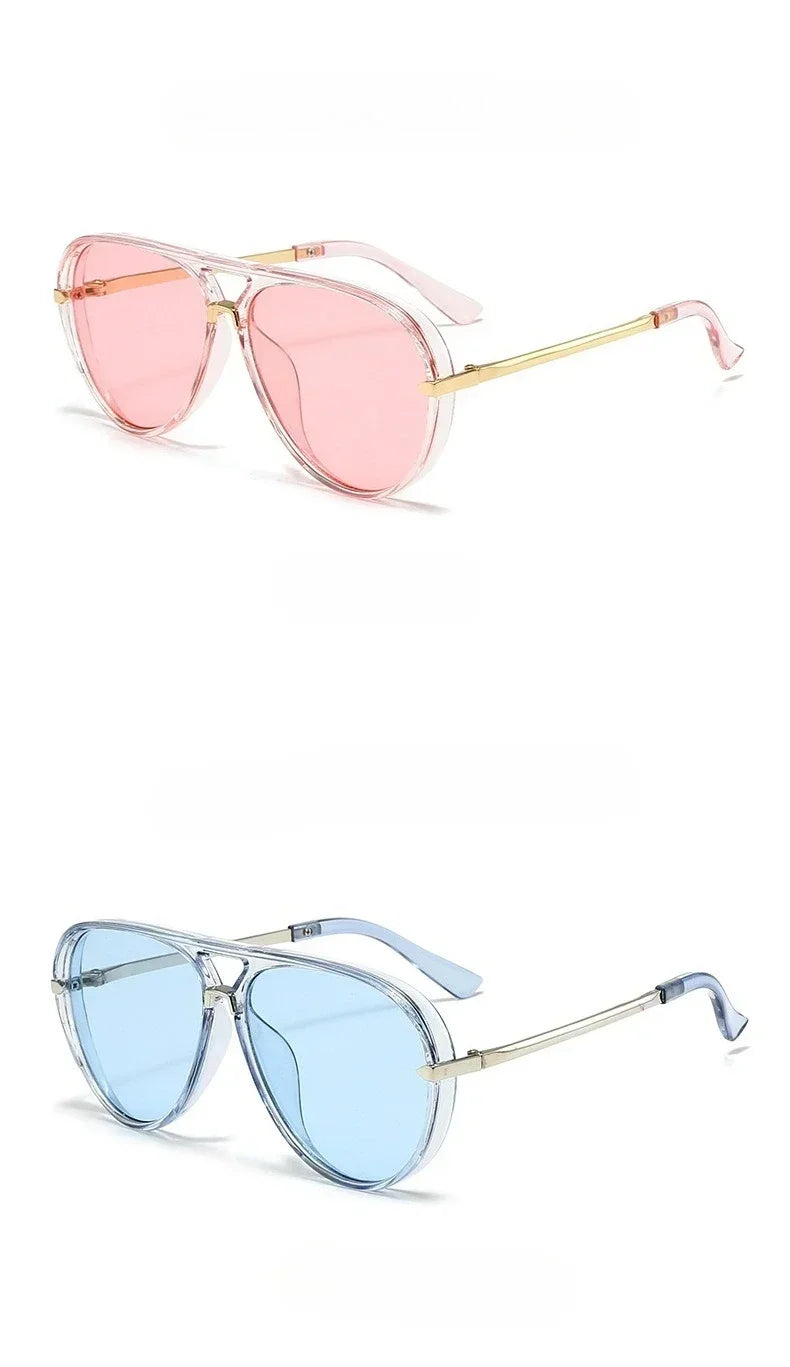 Pair of classic oval pilot sunglasses with pink and blue lenses and gold-toned metal frames