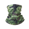 A camouflage green and brown multi-functional UV protection head wrap or bandana.