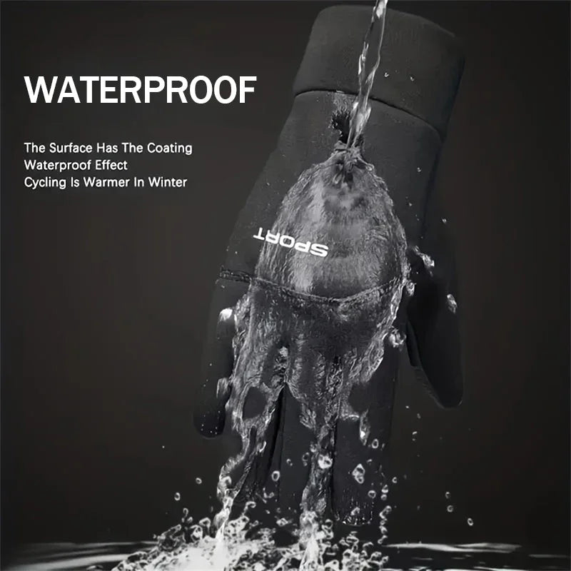 A close-up of black sports gloves demonstrating a waterproof coating with water splashing off the surface.