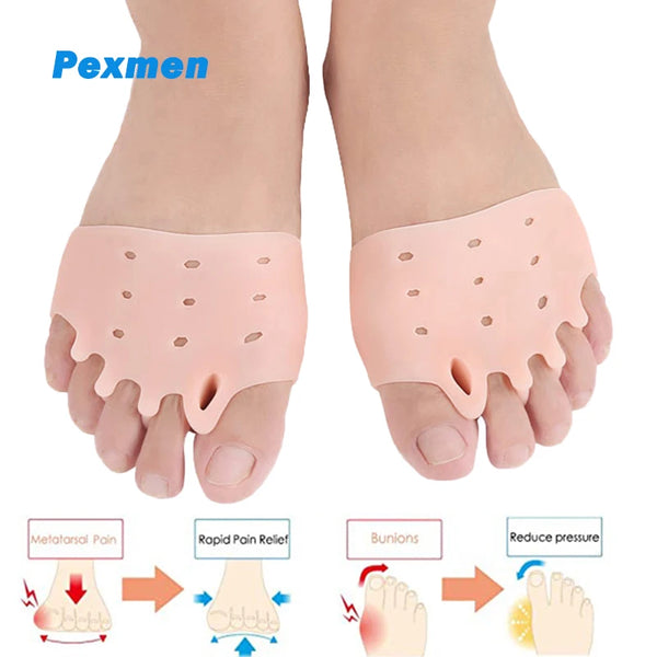 Pink silicone toe separator pads designed to relieve metatarsal pain and reduce pressure on the feet.