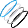 Ein Set von vier blauen, weißen und grauen elastischen Sport-Headbands in kreisförmiger Anordnung.