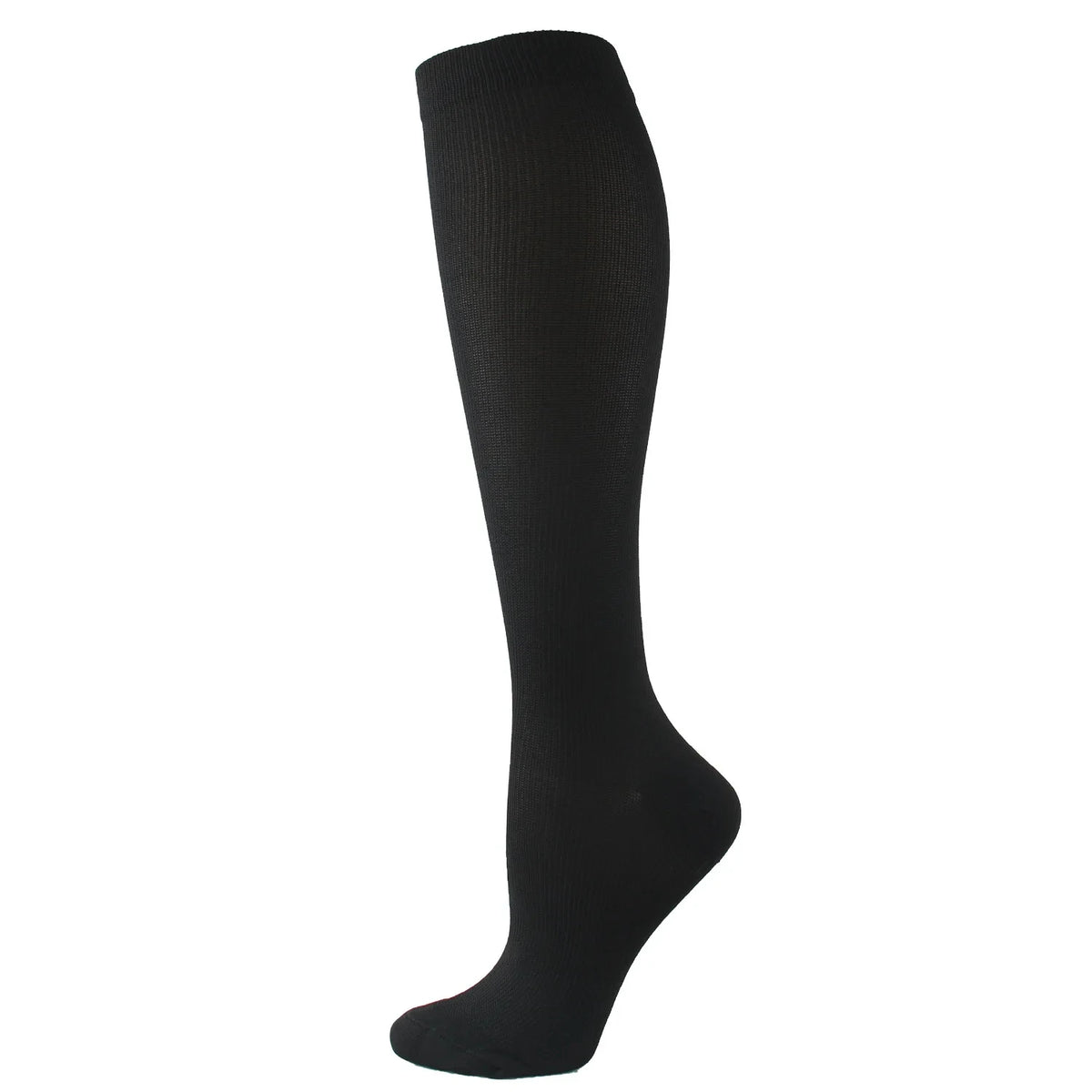 A black compression sock shown standing upright.