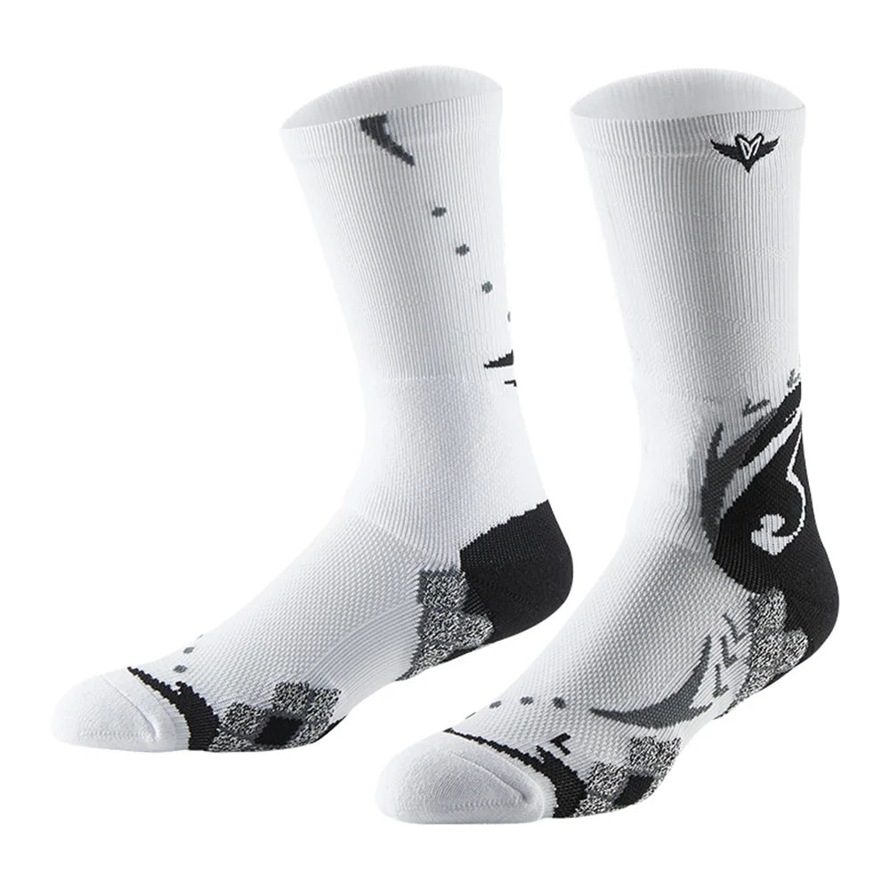 A pair of white athletic socks with a black and white graphic pattern