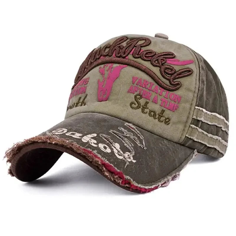Vintage Washed Cotton Baseball Cap with Embroidered Cow Head