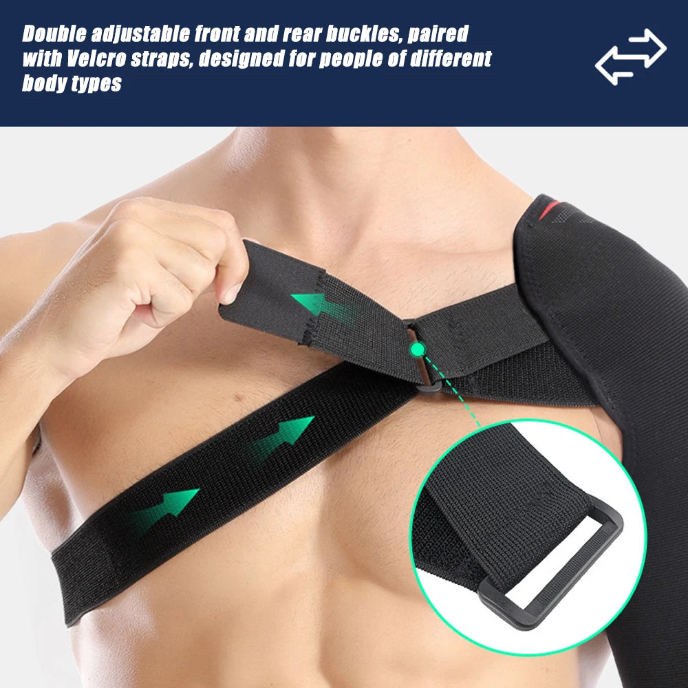 Black compression shoulder support brace with adjustable buckles and Velcro straps being applied to a person's shoulder.