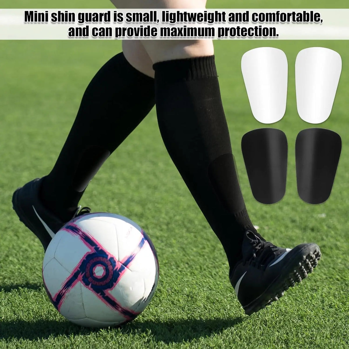 A person wearing black socks and shoes is shown with mini shin guards, including white and black pads, next to a soccer ball 