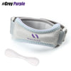 A grey purple adjustable knee strap and a white spoon are shown.