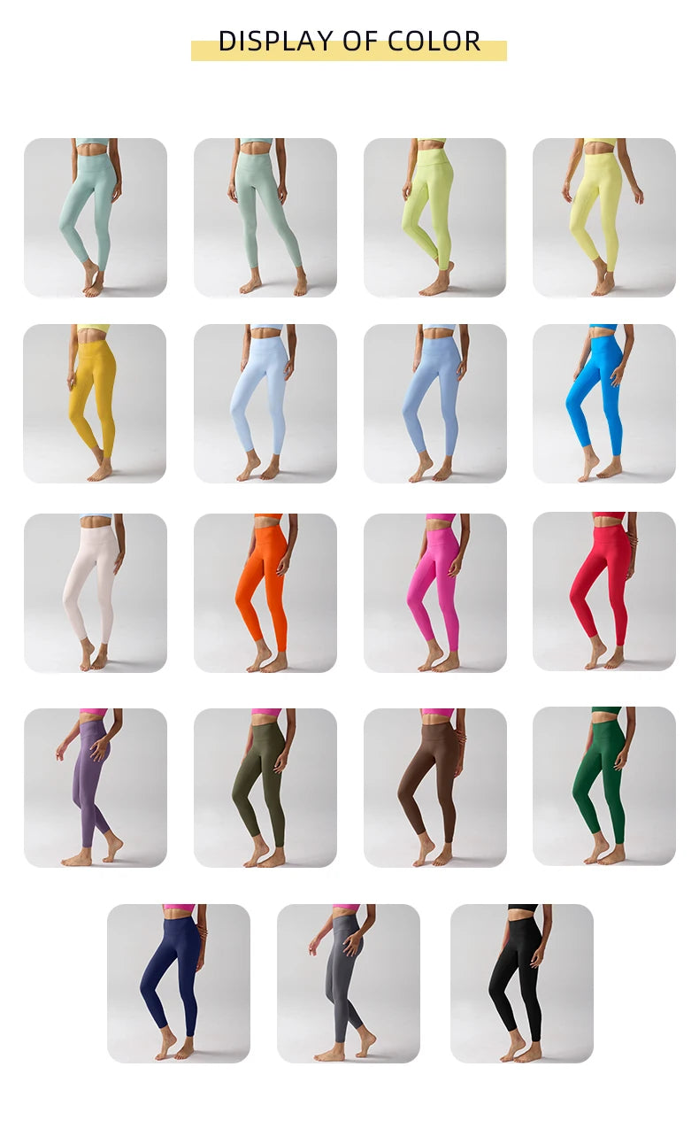 Affichage de couleur montrant diverses nuances de leggings de sport taille haute sur des modèles.