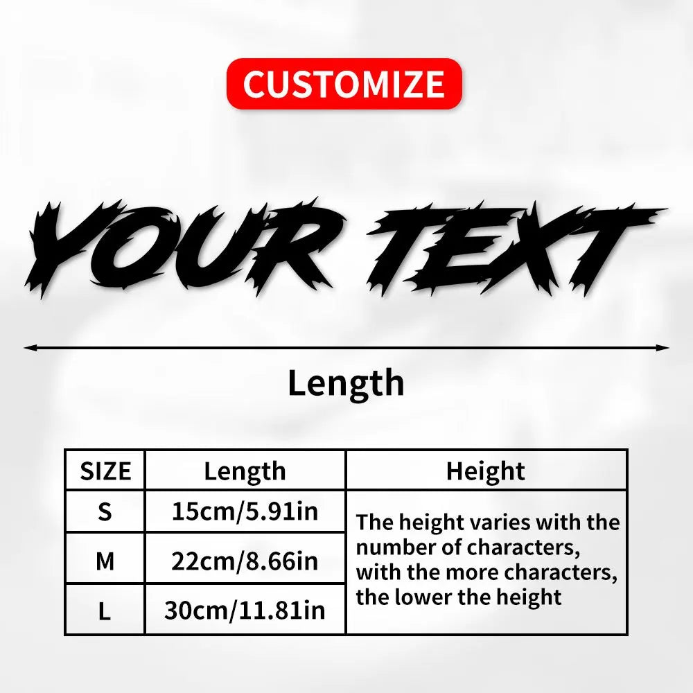 Graphique montrant les options de personnalisation de la longueur et de la hauteur du texte sur un autocollant, avec des tail
