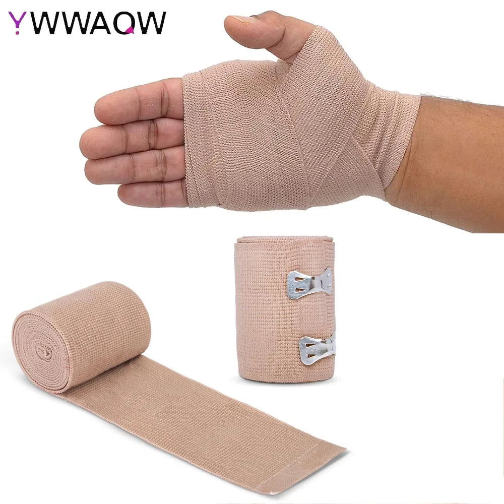 A hand is wearing a beige elastic compression bandage on the wrist and forearm, with an unused bandage shown separately.