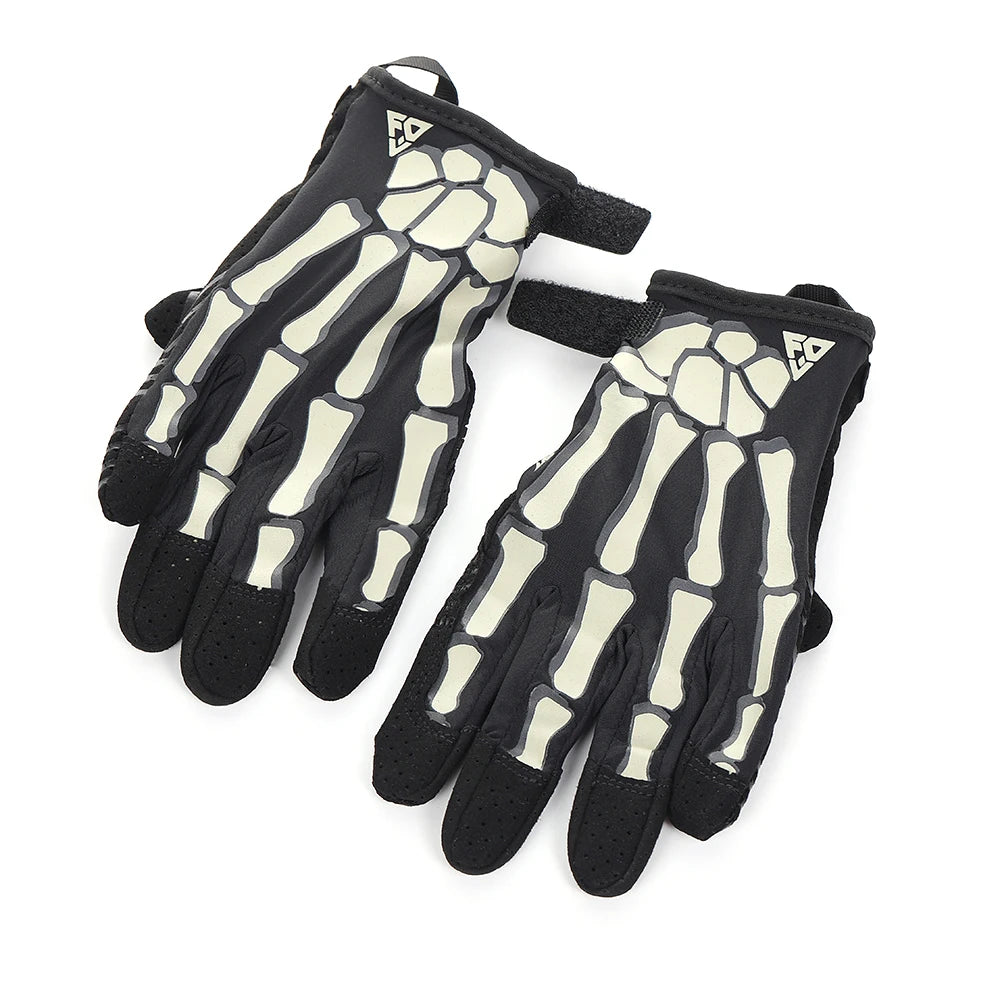 A pair of black tactical finger gloves with a glow-in-the-dark pattern on the palm and fingers.