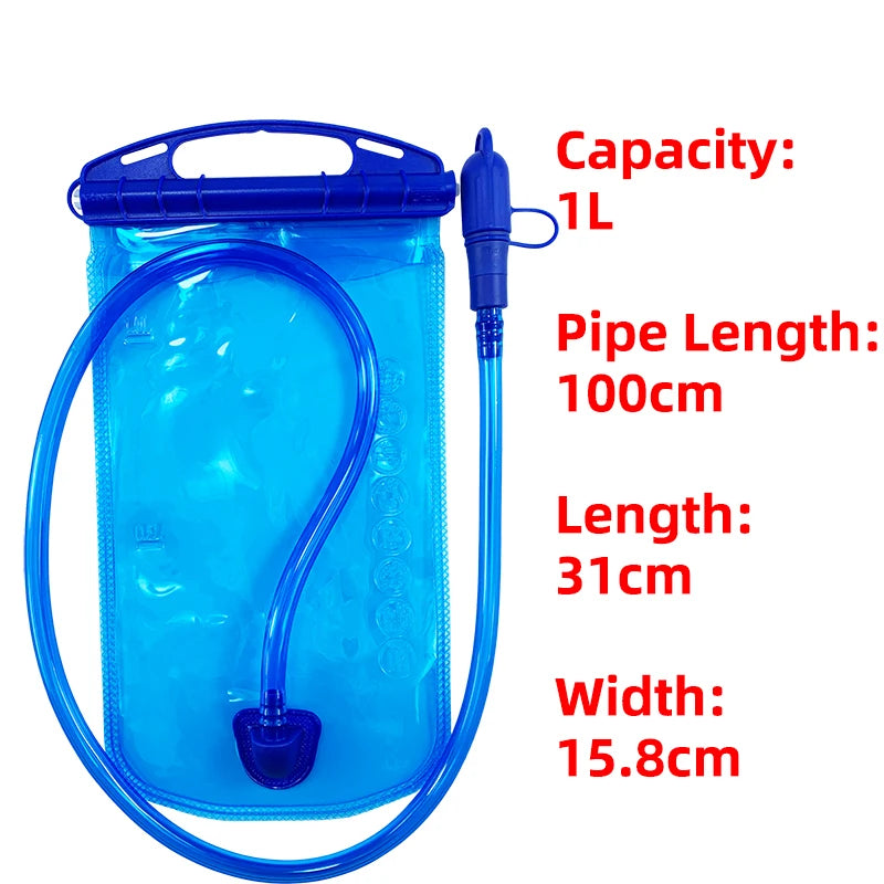 A bright blue flexible hose with a connector is shown next to a clear plastic backpack for outdoor use.