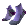 A pair of purple and gray performance sports ankle socks shown from the side.