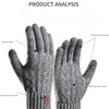 A pair of gray fleece winter gloves shown with labels detailing features like stretch fabric and double-layered wrists.