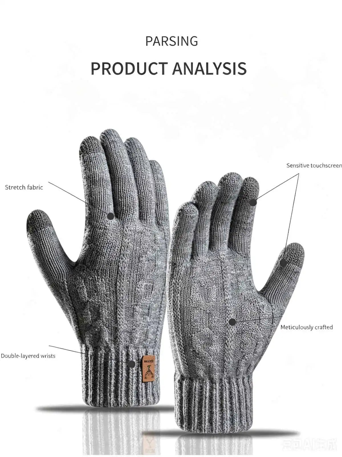 A pair of gray fleece winter gloves shown with labels detailing features like stretch fabric and double-layered wrists.