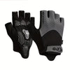 A pair of black and gray breathable half finger cycling gloves shown against a white background.