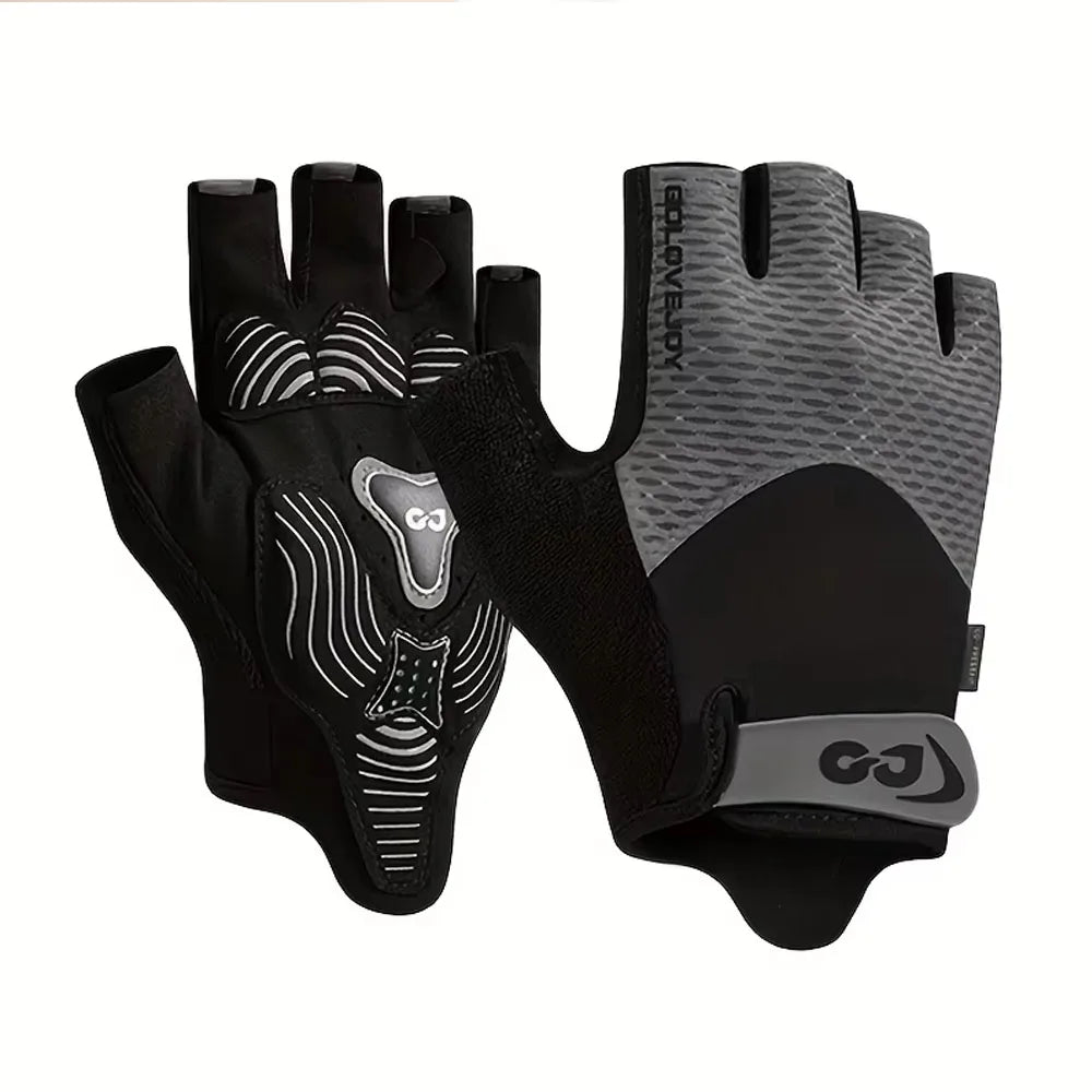 A pair of black and gray breathable half finger cycling gloves shown against a white background.