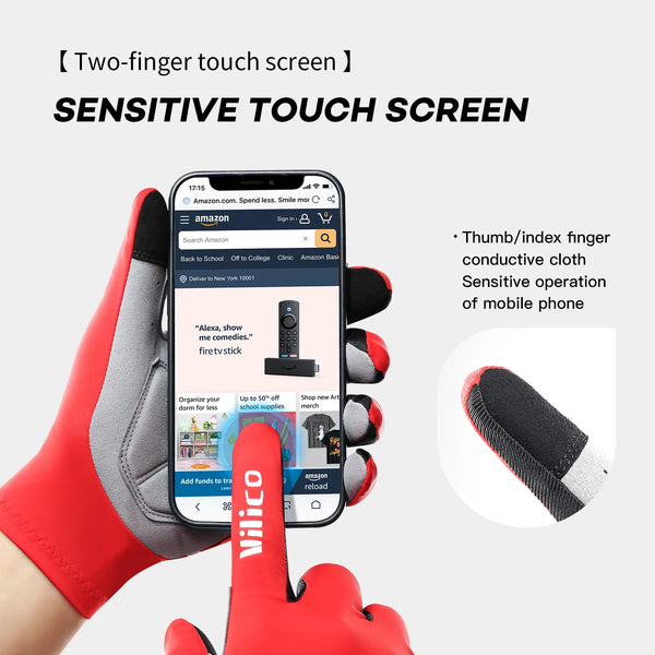 A red silicone glove is shown on a hand, demonstrating the two-finger touch screen sensitivity of a sensitive touch screen de