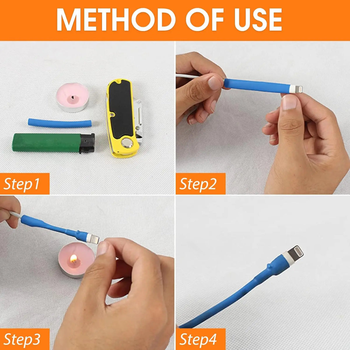 Cuatro pasos que demuestran el método de uso de un kit de tubos termocontraíbles para aislamiento eléctrico.
