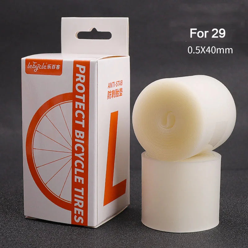 A box of bicycle tire protection liners with a roll of white foam liner shown next to it.