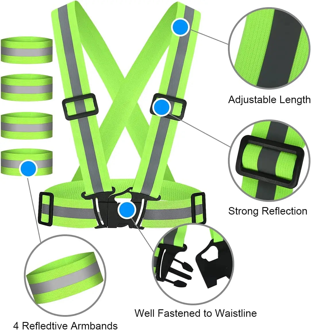 Adjustable High-Visibility Reflective Safety Vest with Wrist Straps