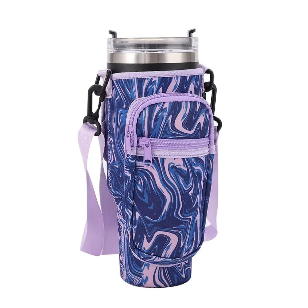 A purple and blue marbled adjustable water bottle carrier pouch with a clear plastic container.