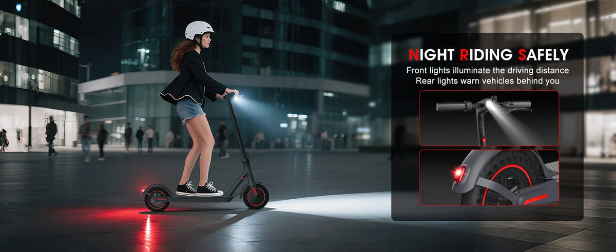 A woman rides a black electric scooter at night, with illuminated front and rear lights.