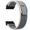 A gray and blue adjustable nylon strap for a sports watch.