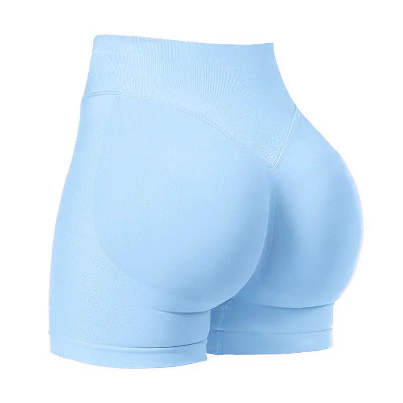 Short de yoga sans coutures taille haute bleu clair, vue de côté.
