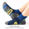 A pair of blue and gray elastic antiskid socks worn on a person's foot.