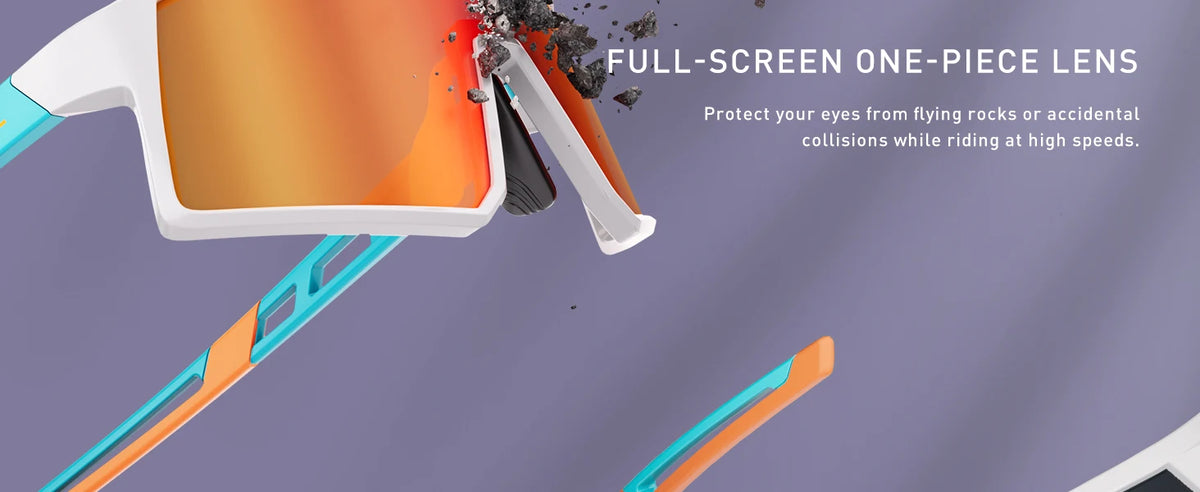 A close-up of a full-screen one-piece lens sports sunglasses protecting eyes from flying rocks.