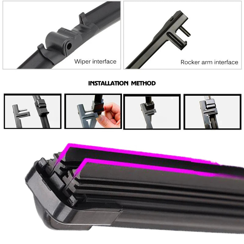 Installation methods and components for universal car wiper blades including wiper interface and rocker arm interface