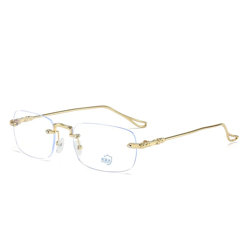 A pair of gold-framed, clear rectangular glasses with a thin metal frame and blue light blocking lenses.