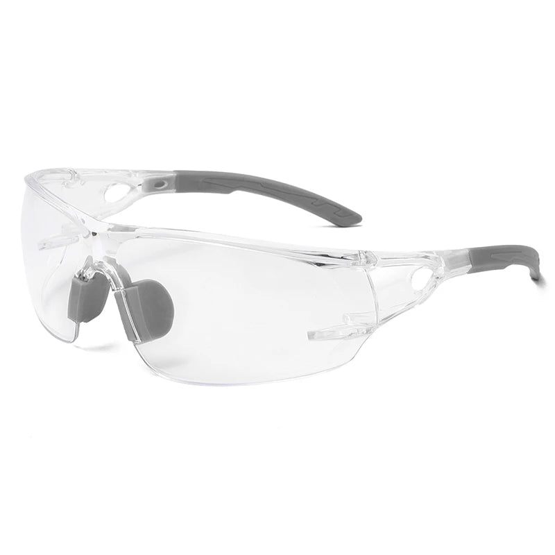 Clear transparent safety goggles with gray adjustable strap for outdoor and work use