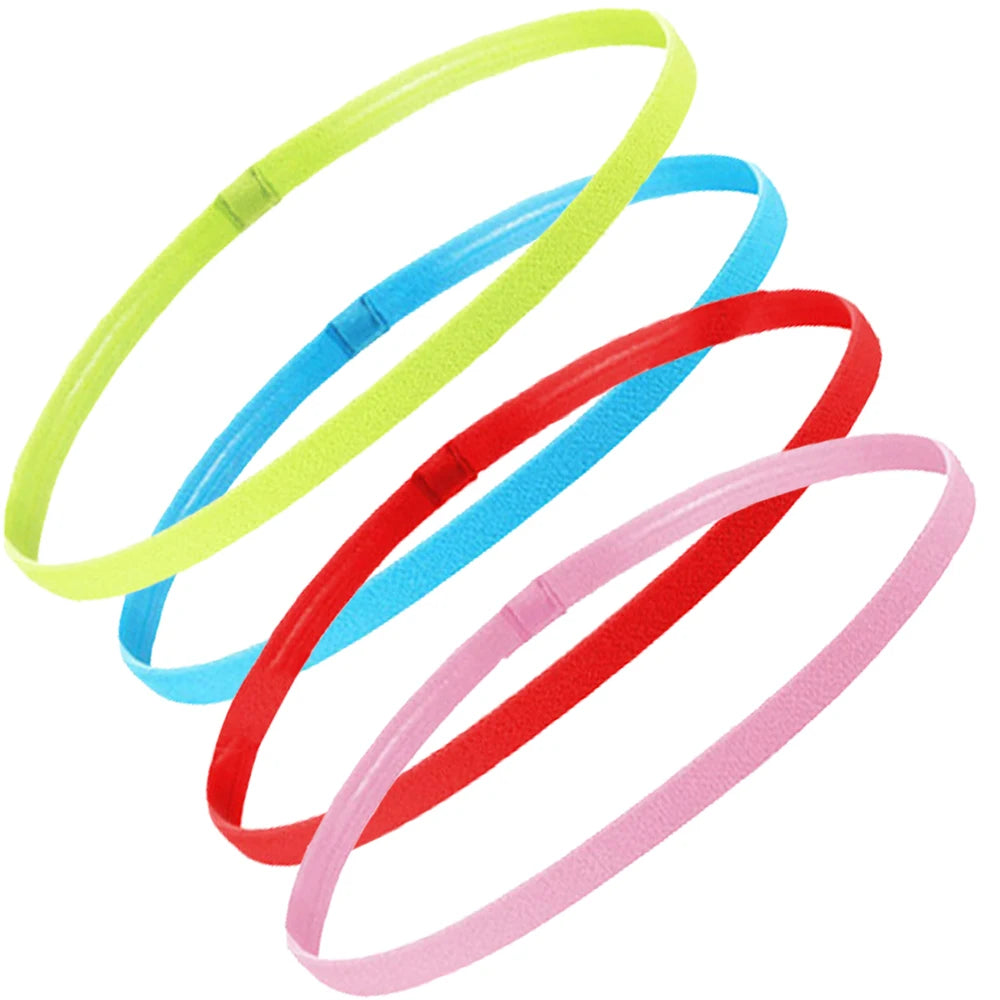 A pack of four non-slip elastic sport headbands in neon yellow, blue, red, and pink.