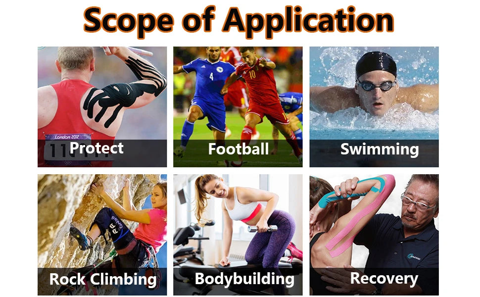 Image showing various applications of kinesiology tape including sports, bodybuilding, and recovery.