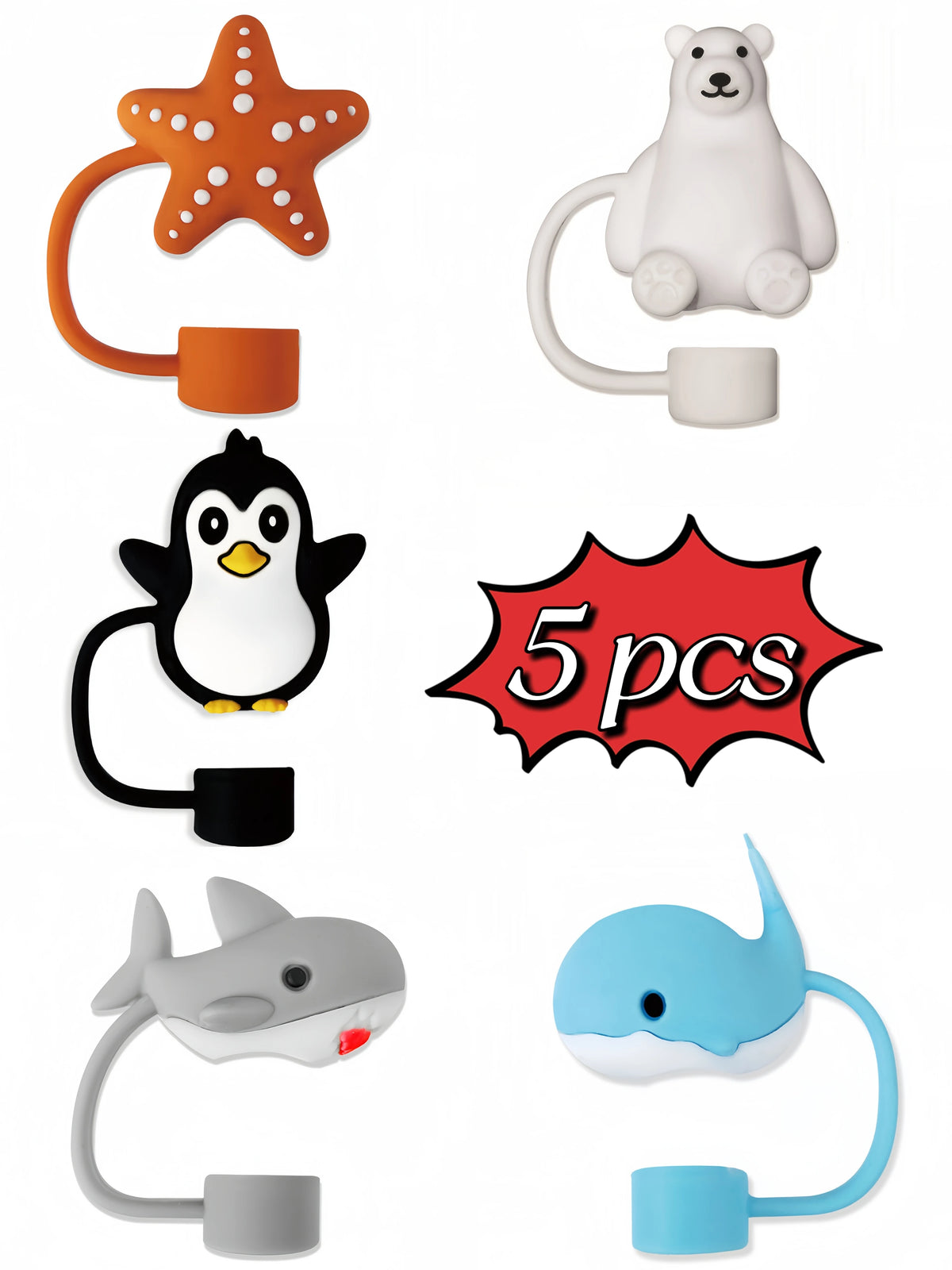 A collection of silicone straw covers for tumblers and water bottles in various shapes and colors.