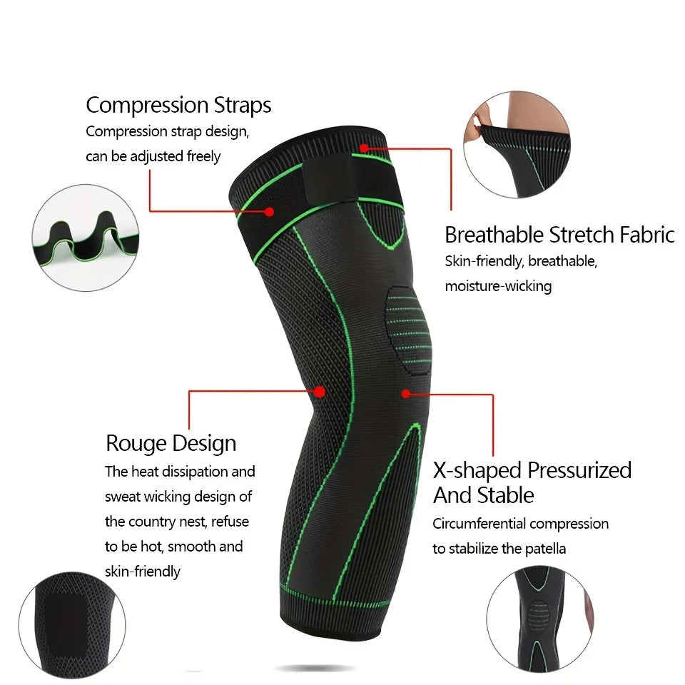 Manchettes de genou élastiques noires avec sangles de compression, tissu respirant et conception pressurée en X pour la stabi