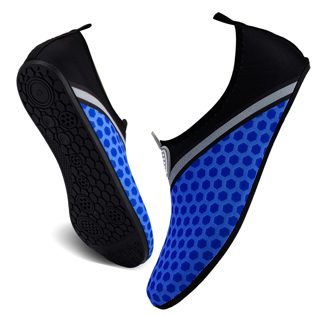A pair of black and blue waterproof aqua socks for outdoor and beach use