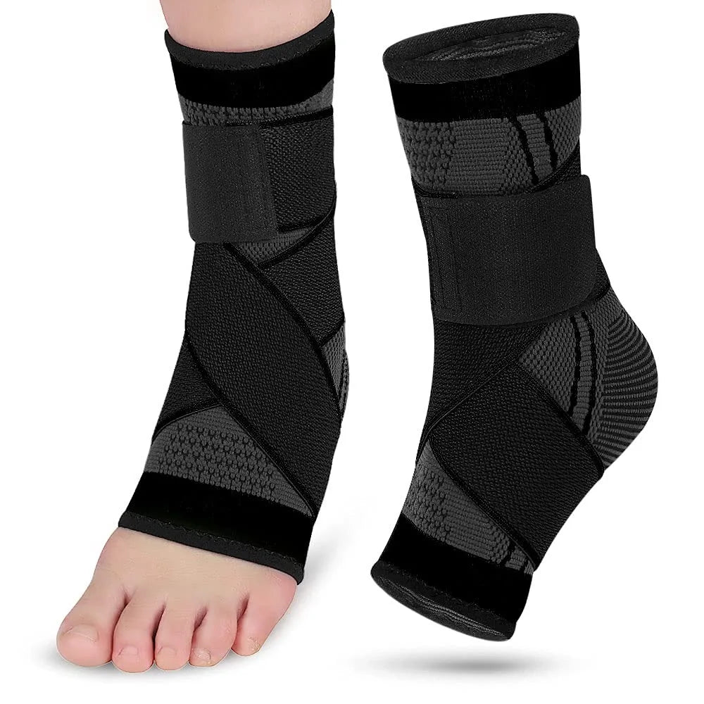 Black adjustable ankle compression brace with mesh and elastic support for foot and arch